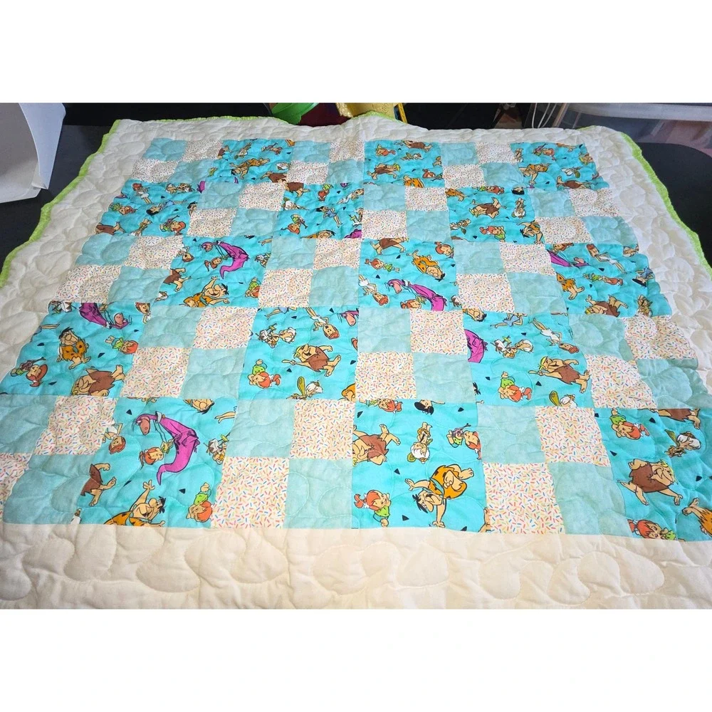 Handmade Flintstones Patchwork Baby Quilt Neon Green Backing 35x35 Retro Nursery